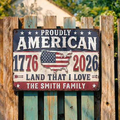 Proudly American Land That I Love With USA Map And Stars - Personalized Metal Sign - INDE470_MSIGN