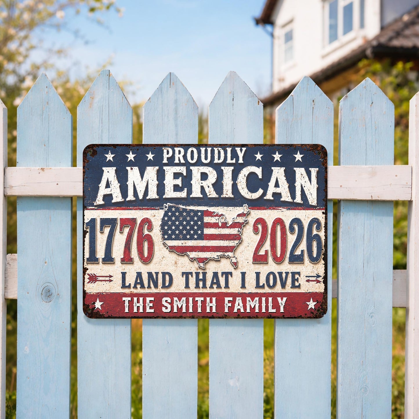 Proudly American Land That I Love With USA Map And Stars - Personalized Metal Sign - INDE470_MSIGN