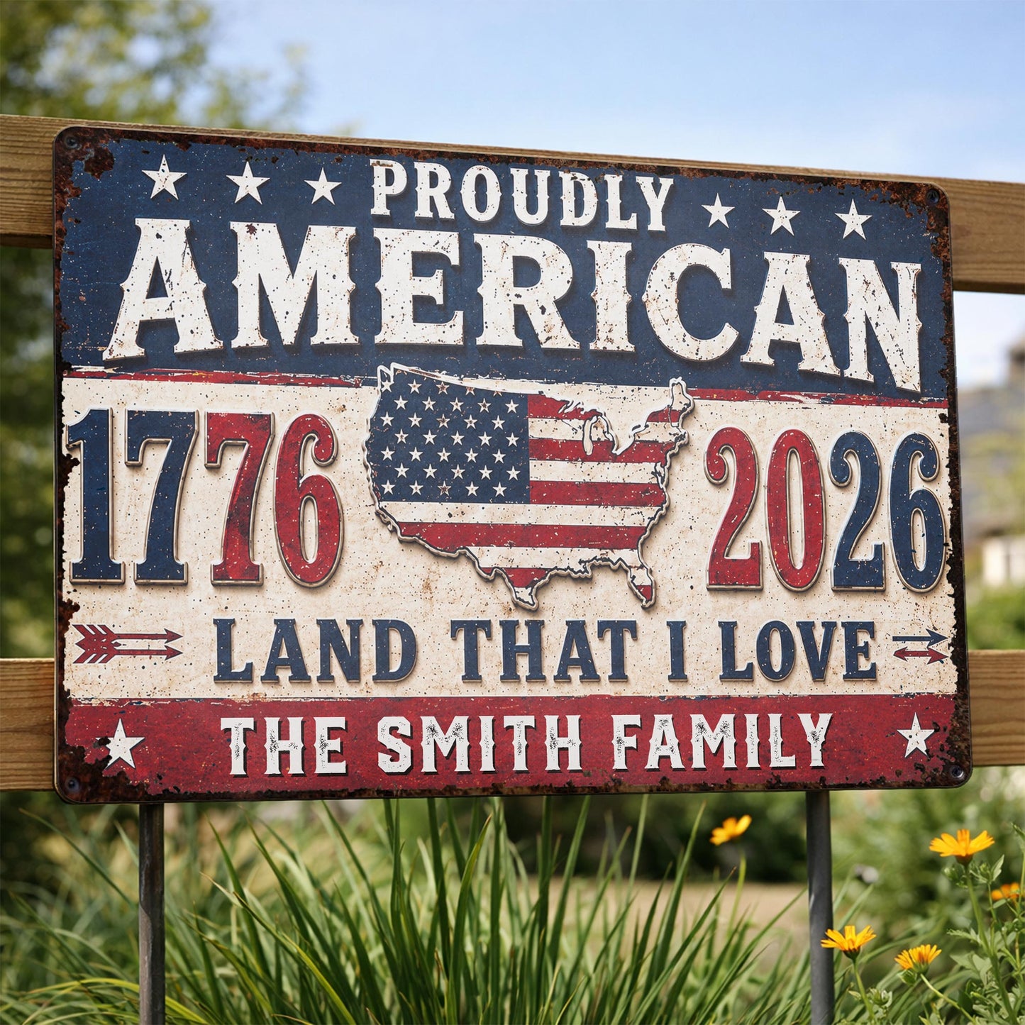 Proudly American Land That I Love With USA Map And Stars - Personalized Metal Sign - INDE470_MSIGN