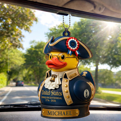 United States Semiquincentennial Patriot Duck With Liberty Bell and Flag - Personalized Custom Wood Ornament, Car Hanging Ornament - INDE528_WCA