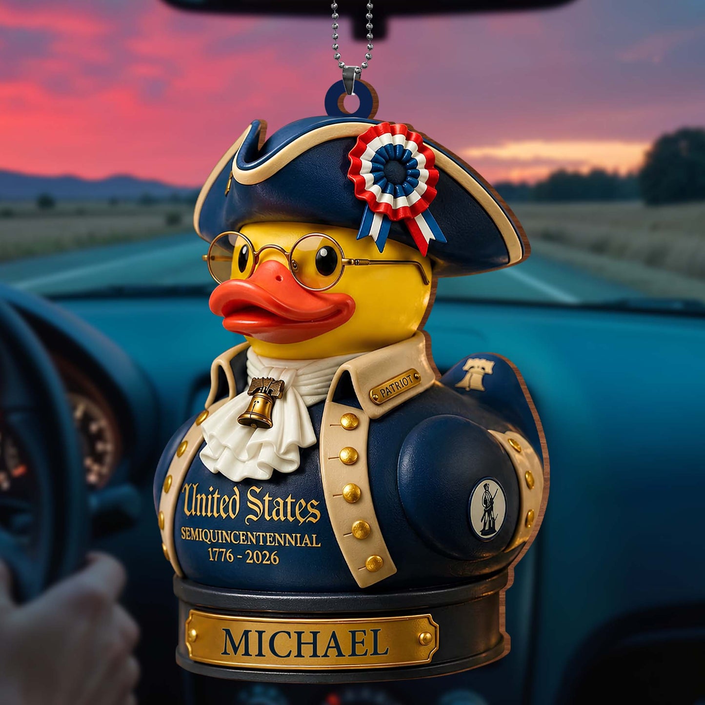 United States Semiquincentennial Patriot Duck With Liberty Bell and Flag - Personalized Custom Wood Ornament, Car Hanging Ornament - INDE528_WCA