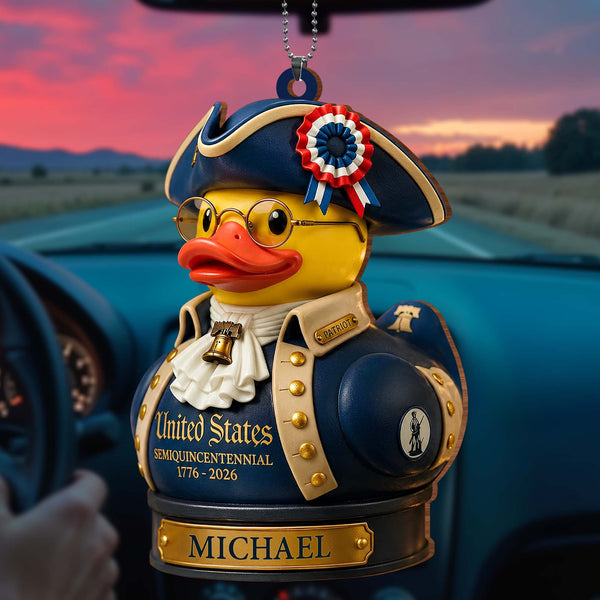 United States Semiquincentennial Patriot Duck With Liberty Bell and Flag - Personalized Custom Wood Ornament, Car Hanging Ornament - INDE528_WCA