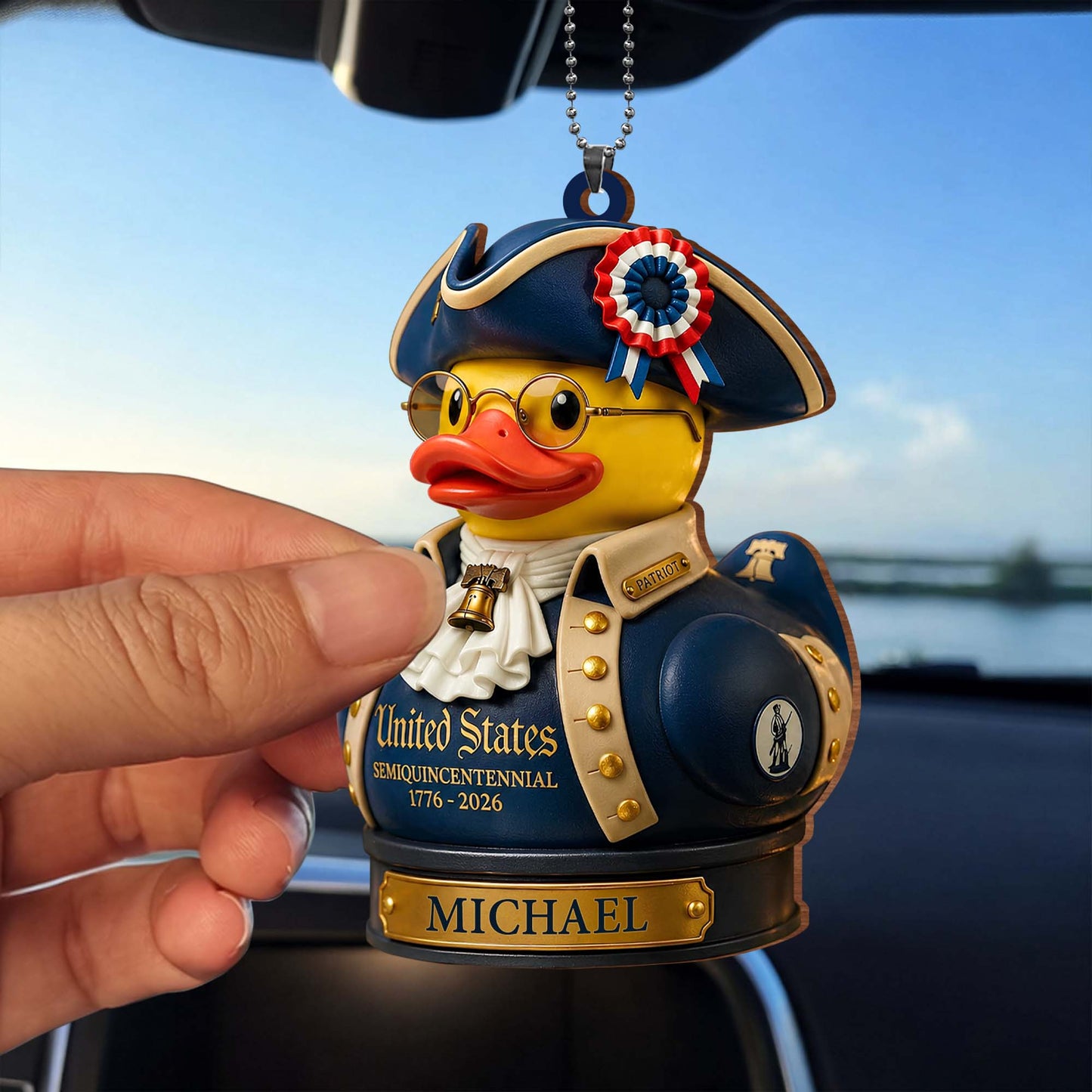 United States Semiquincentennial Patriot Duck With Liberty Bell and Flag - Personalized Custom Wood Ornament, Car Hanging Ornament - INDE528_WCA