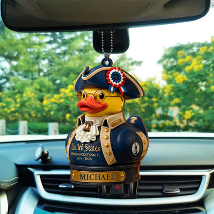United States Semiquincentennial Patriot Duck With Liberty Bell and Flag - Personalized Custom Wood Ornament, Car Hanging Ornament - INDE528_WCA