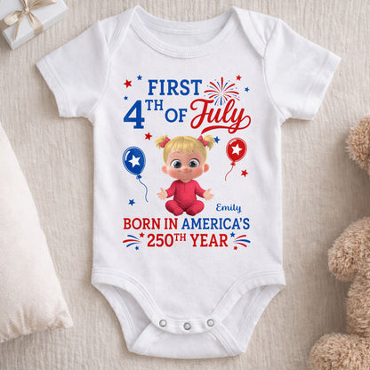 First 4th Of July Born In America 250th Year Baby Girl - Personalized Custom Baby Onesie - INDE579_ONES
