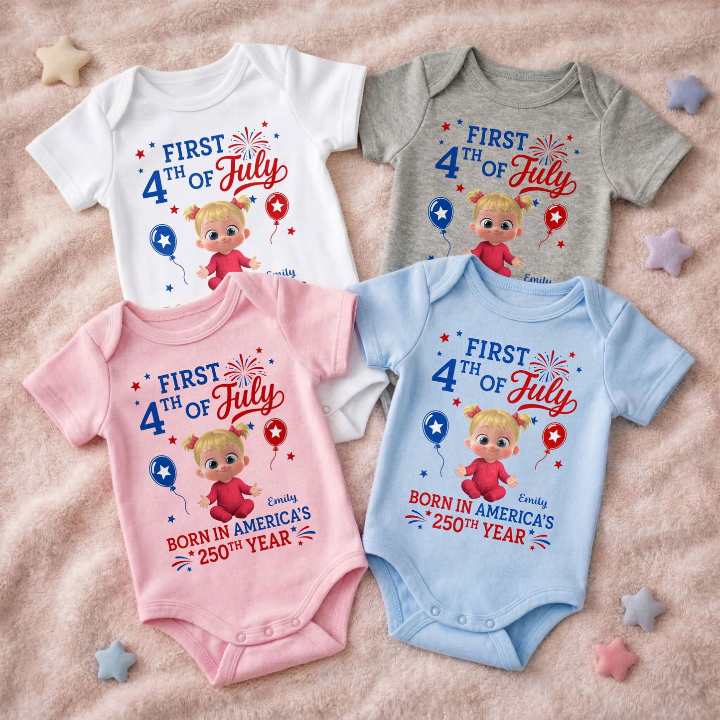 First 4th Of July Born In America 250th Year Baby Girl - Personalized Custom Baby Onesie - INDE579_ONES