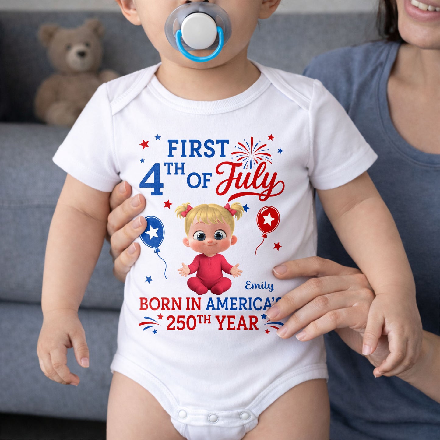 First 4th Of July Born In America 250th Year Baby Girl - Personalized Custom Baby Onesie - INDE579_ONES