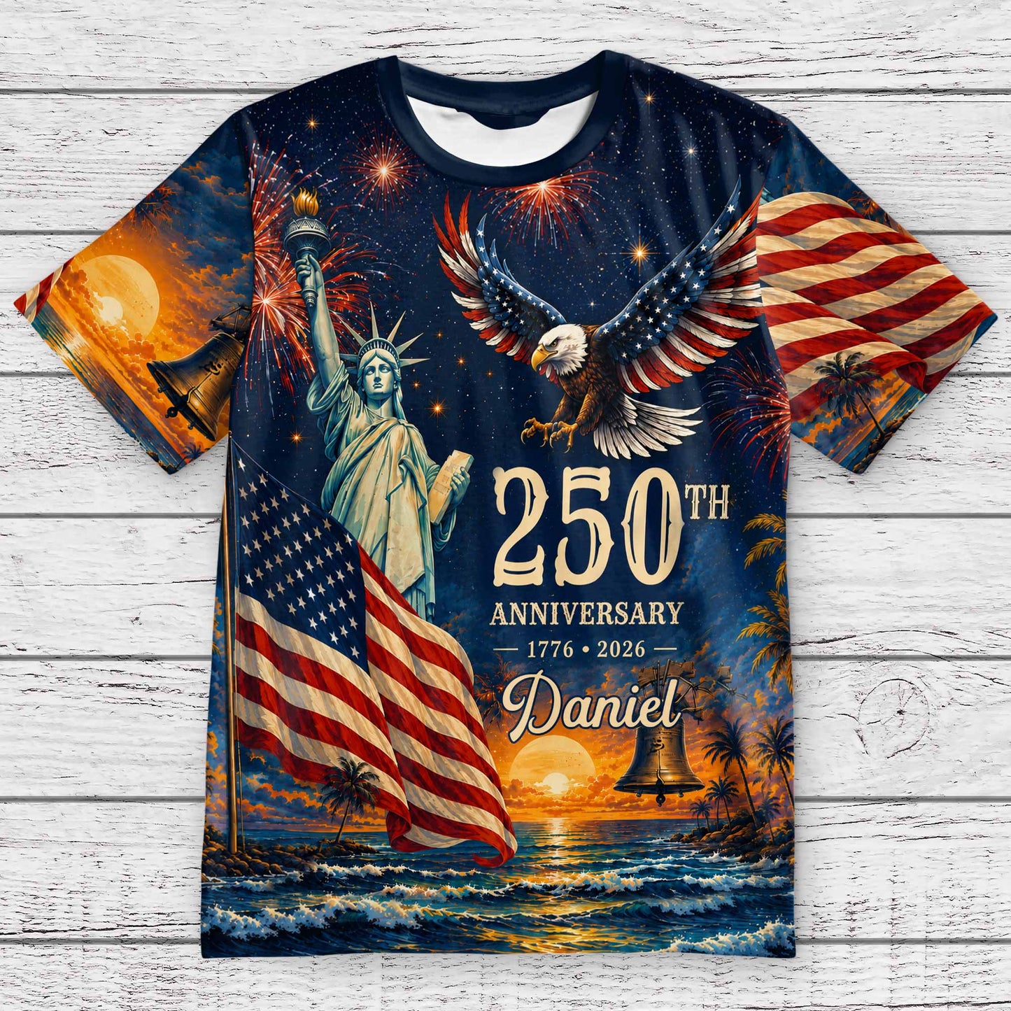 Anniversary Eagle Statue Of Liberty And American Flag - Personalized Custom Unisex All-Over Printed T-Shirt - INDE594_3T