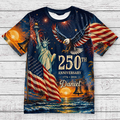 Anniversary Eagle Statue Of Liberty And American Flag - Personalized Custom Unisex All-Over Printed T-Shirt - INDE594_3T