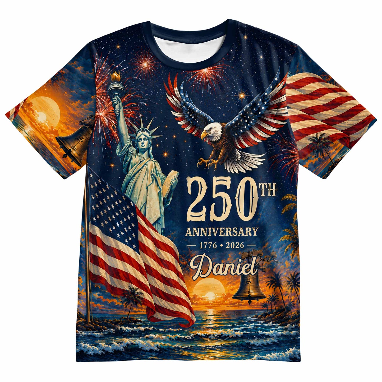 Anniversary Eagle Statue Of Liberty And American Flag - Personalized Custom Unisex All-Over Printed T-Shirt - INDE594_3T