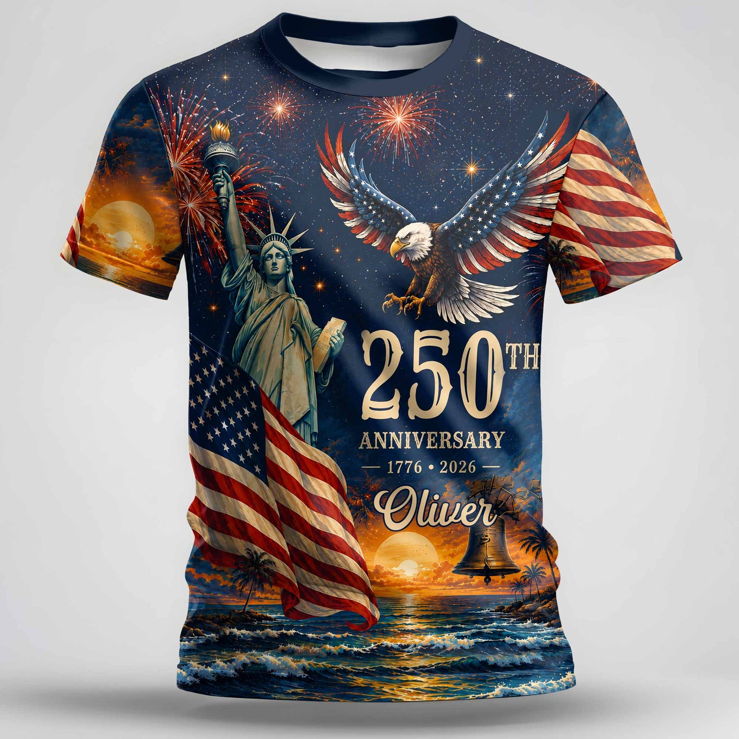 Anniversary Eagle Statue Of Liberty And American Flag - Personalized Custom Unisex All-Over Printed T-Shirt - INDE594_3T