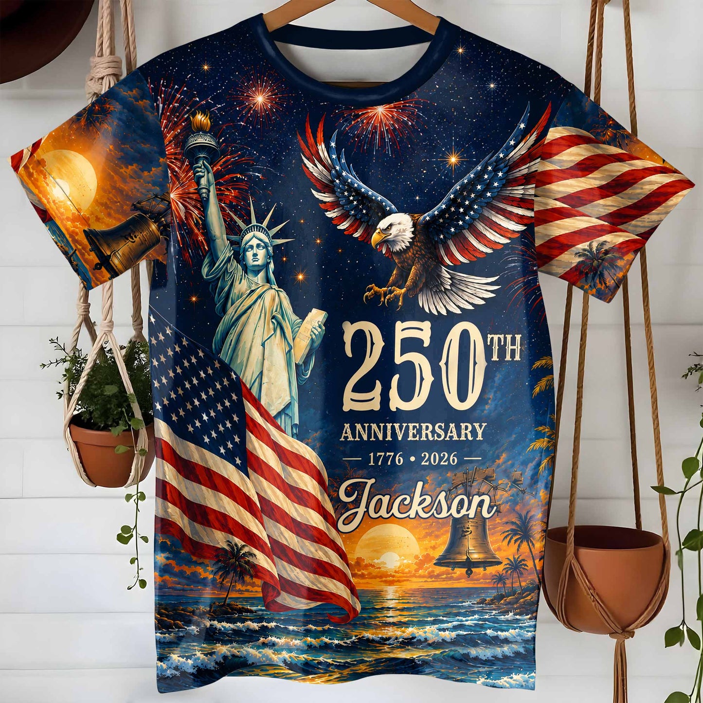 Anniversary Eagle Statue Of Liberty And American Flag - Personalized Custom Unisex All-Over Printed T-Shirt - INDE594_3T