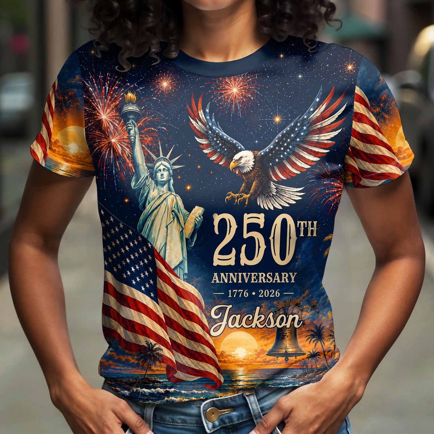 Anniversary Eagle Statue Of Liberty And American Flag - Personalized Custom Unisex All-Over Printed T-Shirt - INDE594_3T