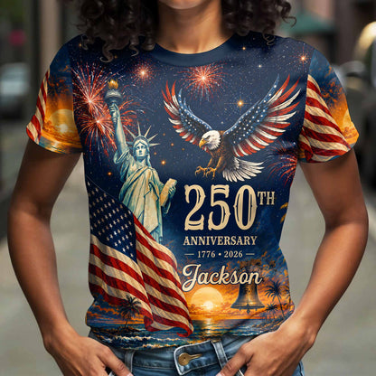 Anniversary Eagle Statue Of Liberty And American Flag - Personalized Custom Unisex All-Over Printed T-Shirt - INDE594_3T