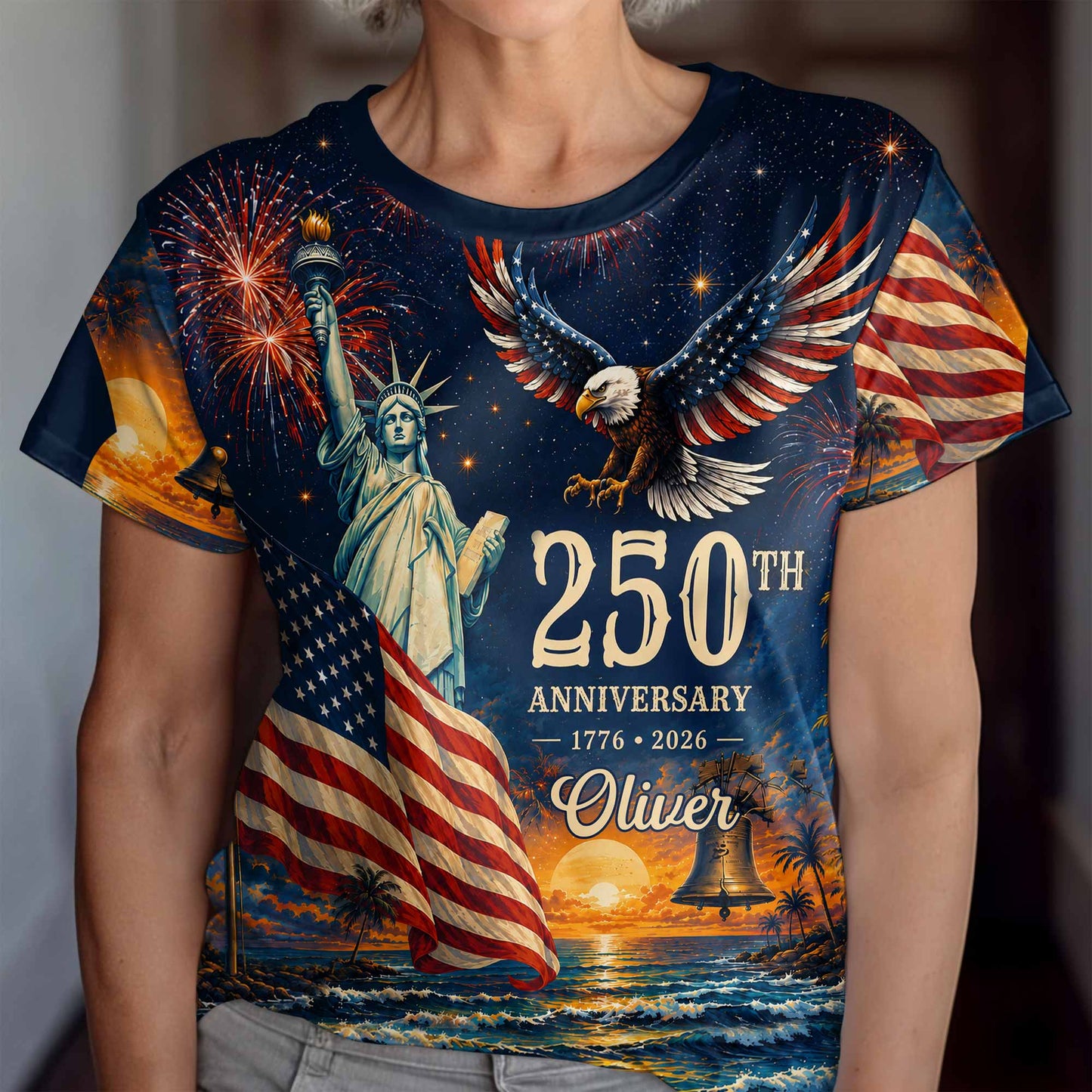 Anniversary Eagle Statue Of Liberty And American Flag - Personalized Custom Unisex All-Over Printed T-Shirt - INDE594_3T
