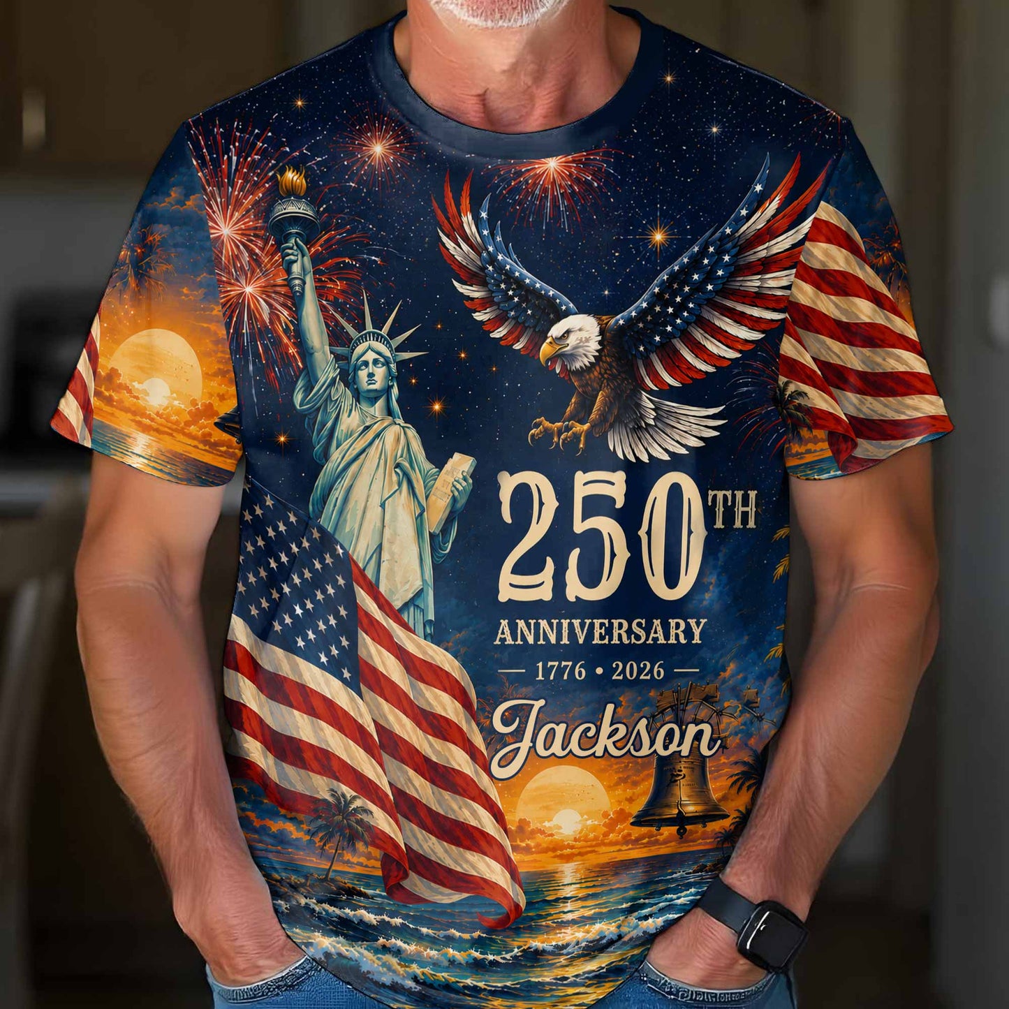 Anniversary Eagle Statue Of Liberty And American Flag - Personalized Custom Unisex All-Over Printed T-Shirt - INDE594_3T