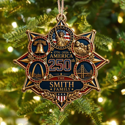 America 250 The Family With Landmarks Statue Of Liberty And Liberty Bell - Personalized Custom Wood Ornament, Custom Shaped - INDE672_WDO