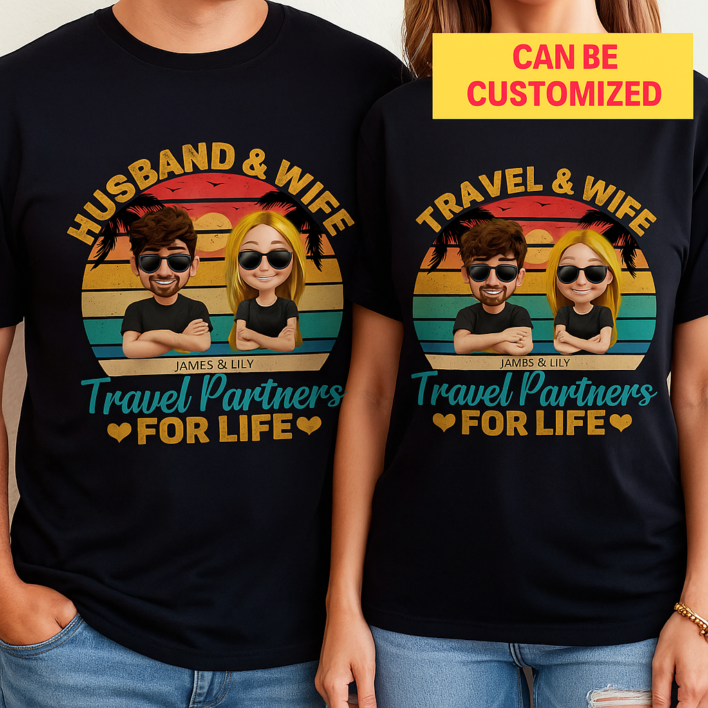 Husband & Wife Travel Partners For Life, Cartoon Couple and Sunset - Personalized Custom Unisex T-shirt, Hoodie - CPL367_BBAS