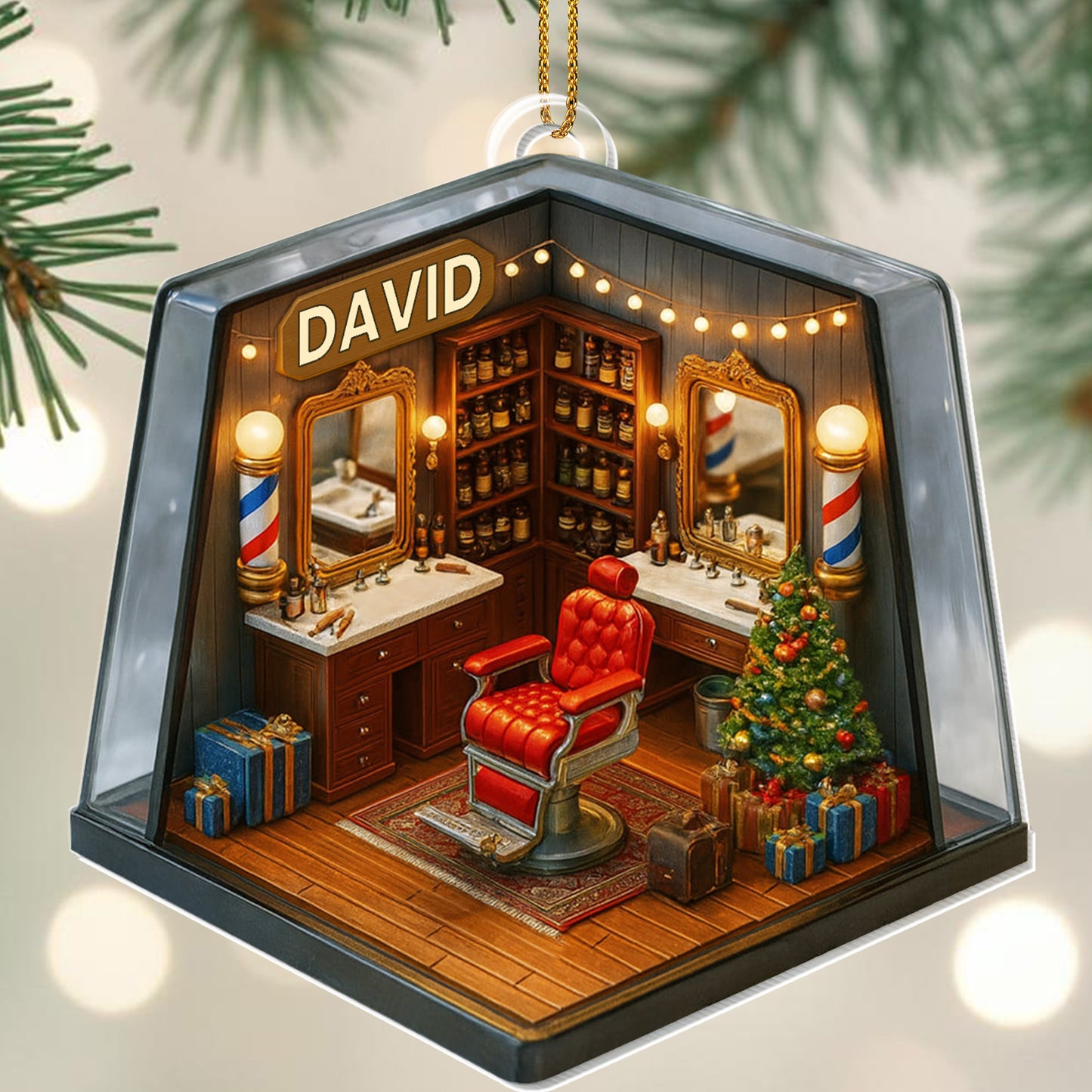 Cozy Christmas Barber Shop Scene With Christmas Tree And Barber Tools