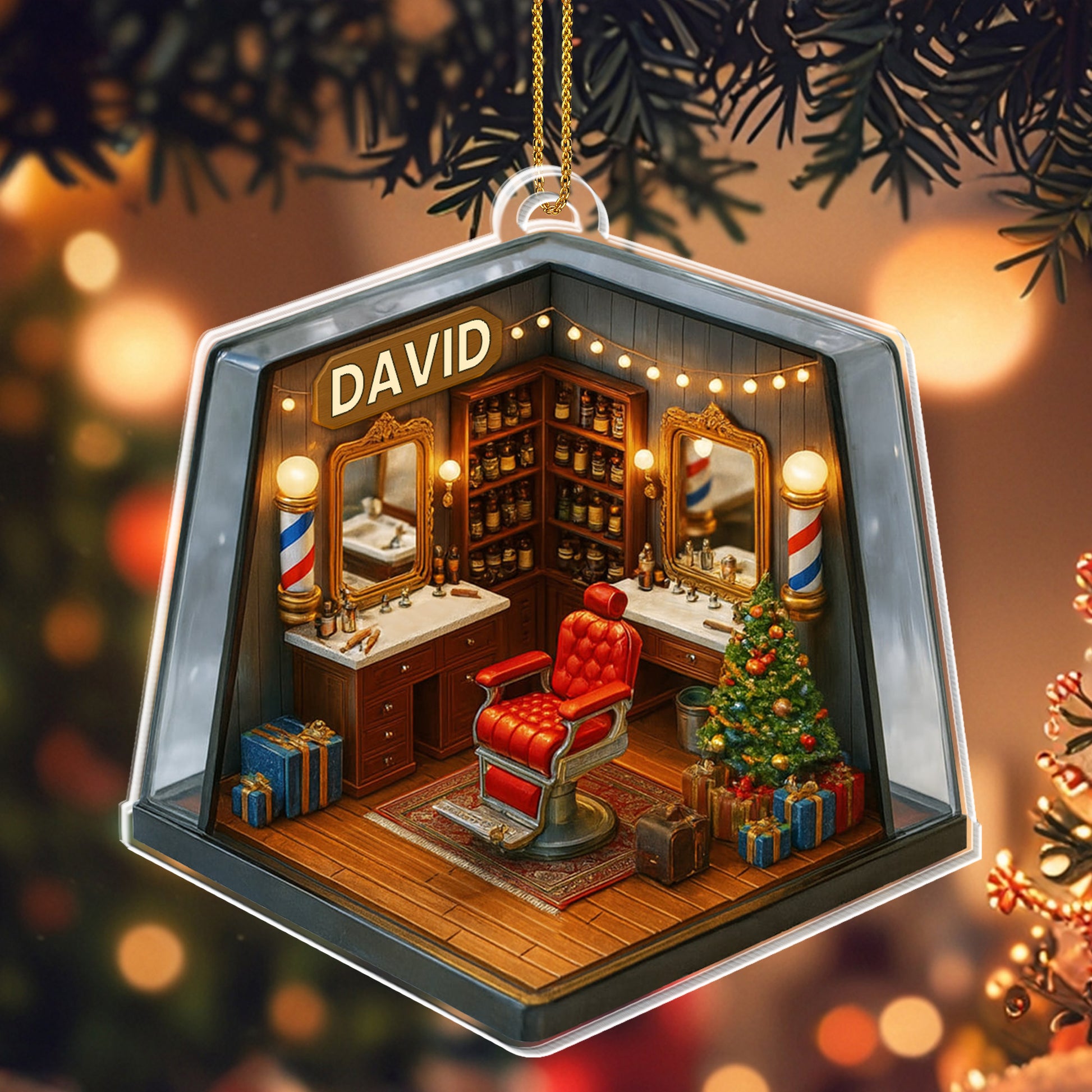 Cozy Christmas Barber Shop Scene With Christmas Tree And Barber Tools