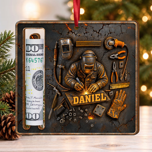 Hardworking Welder In Action With Industrial Tools And Custom Name - Personalized Wooden Money Holder Ornament - JBS016_WMOHO