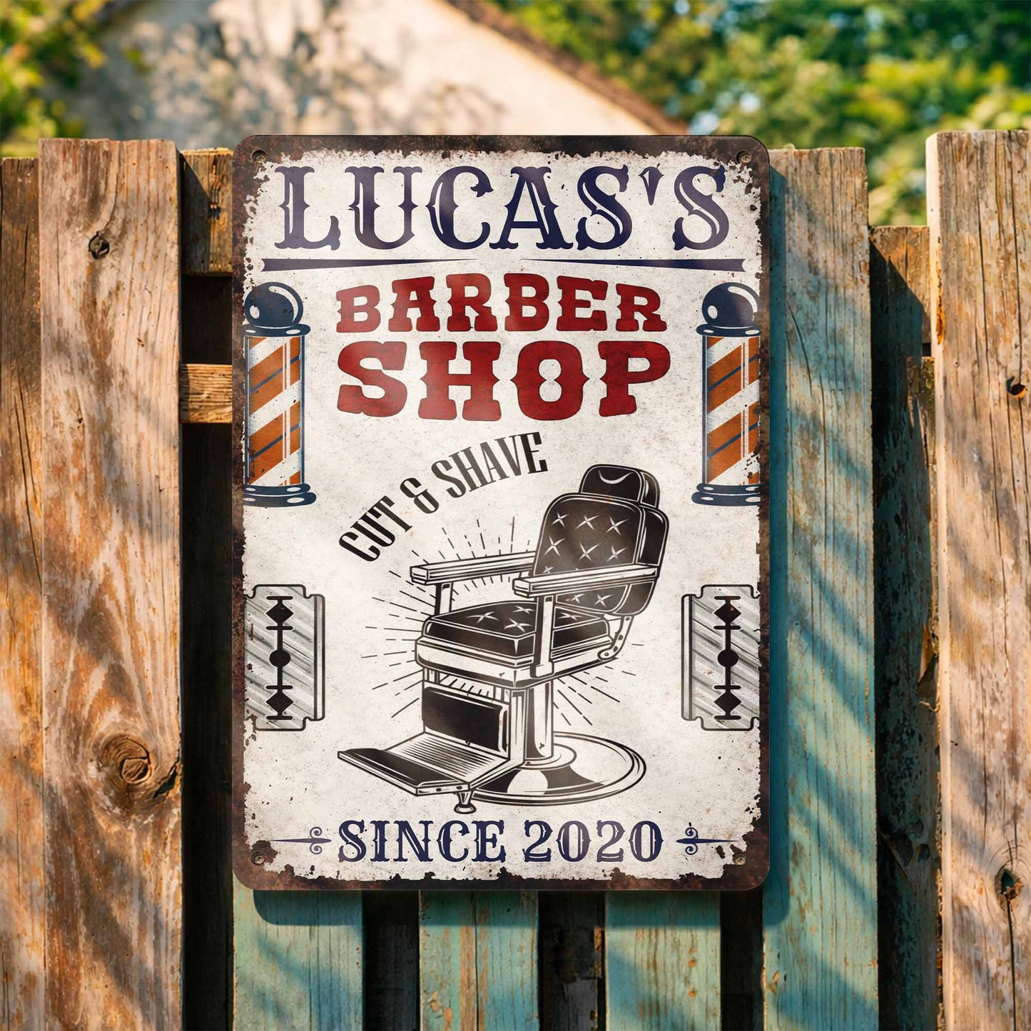 Barber Shop Cut & Shave Classic Barber Chair Design - Personalized Metal Sign - JBS018_MSIGN