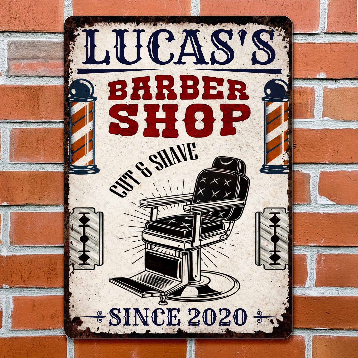 Barber Shop Cut & Shave Classic Barber Chair Design - Personalized Metal Sign - JBS018_MSIGN