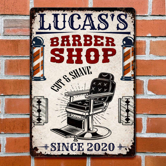 Barber Shop Cut & Shave Classic Barber Chair Design - Personalized Metal Sign - JBS018_MSIGN