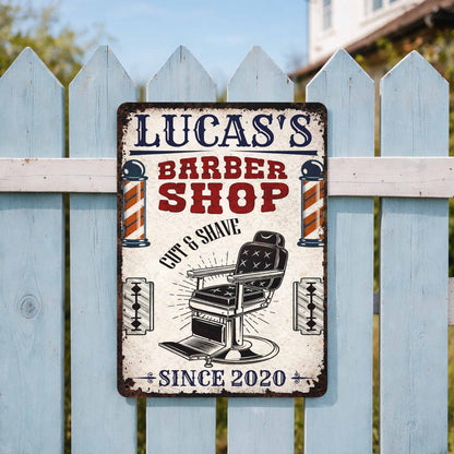Barber Shop Cut & Shave Classic Barber Chair Design - Personalized Metal Sign - JBS018_MSIGN