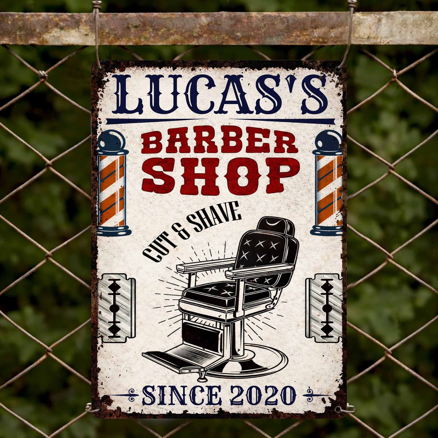 Barber Shop Cut & Shave Classic Barber Chair Design - Personalized Metal Sign - JBS018_MSIGN