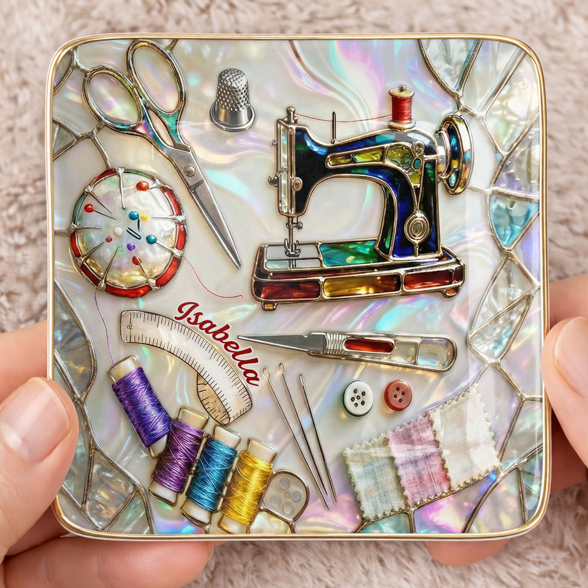 Stitched With Love Sewing Machine Scissors And Colorful Thread Spools