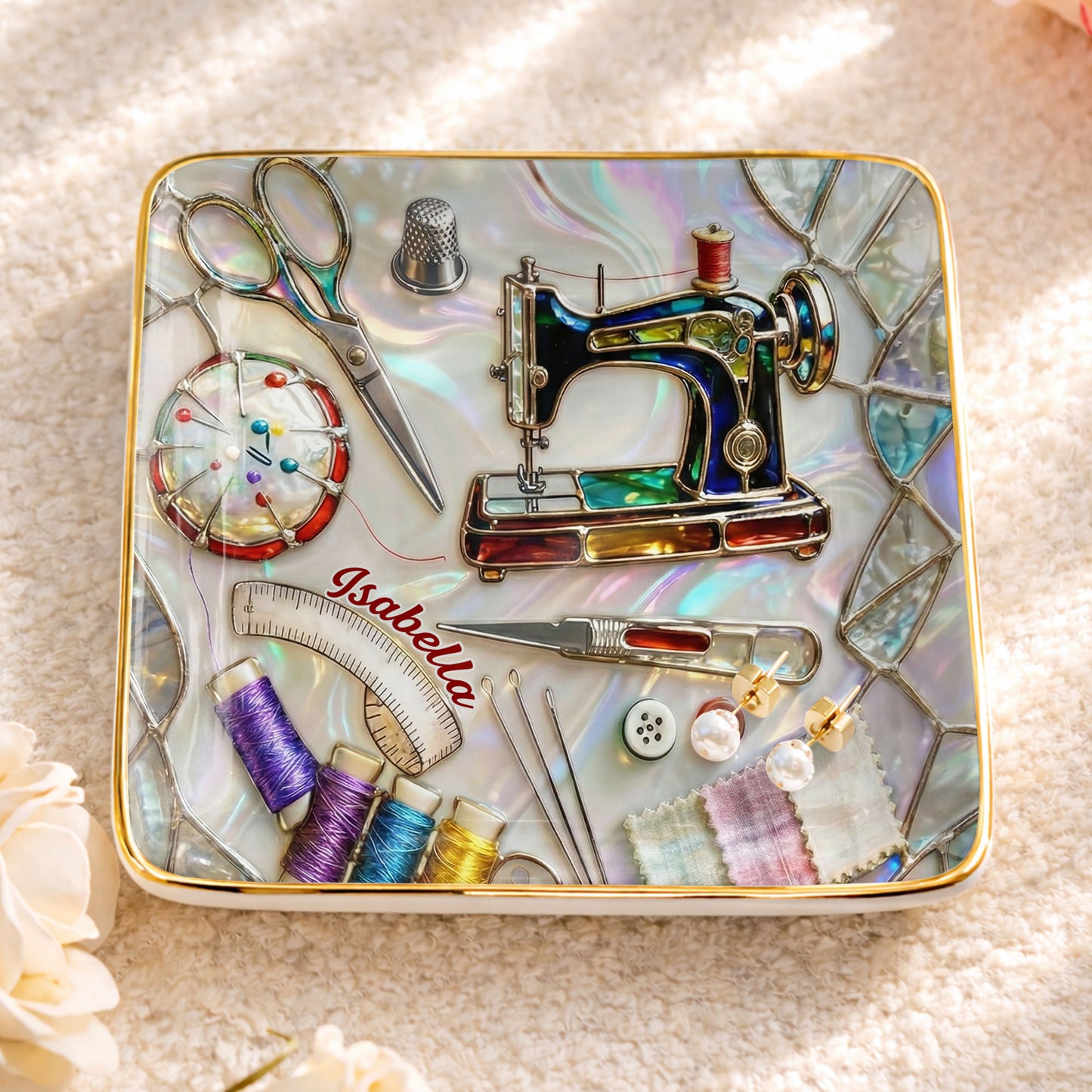 Stitched With Love Sewing Machine Scissors And Colorful Thread Spools