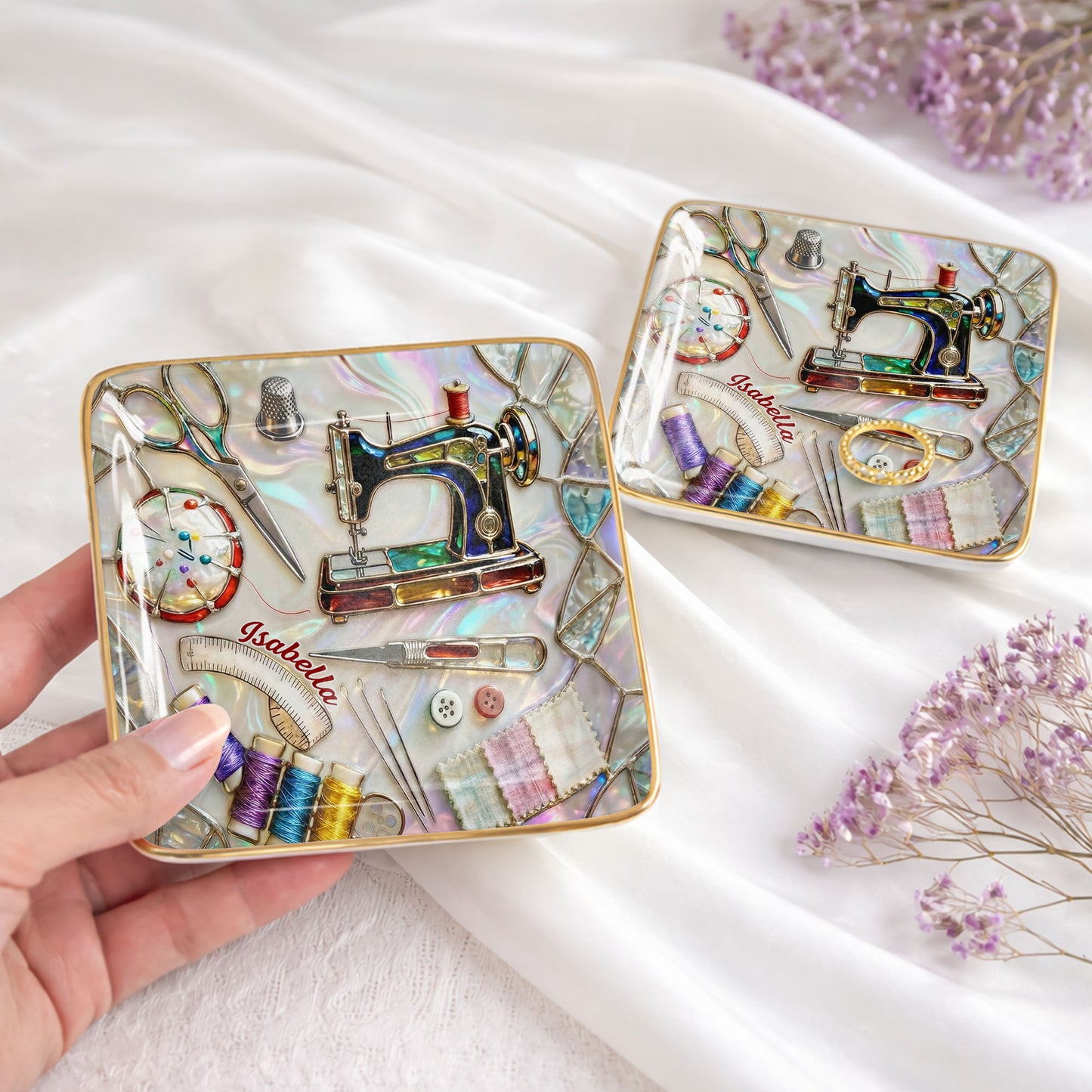 Stitched With Love Sewing Machine Scissors And Colorful Thread Spools