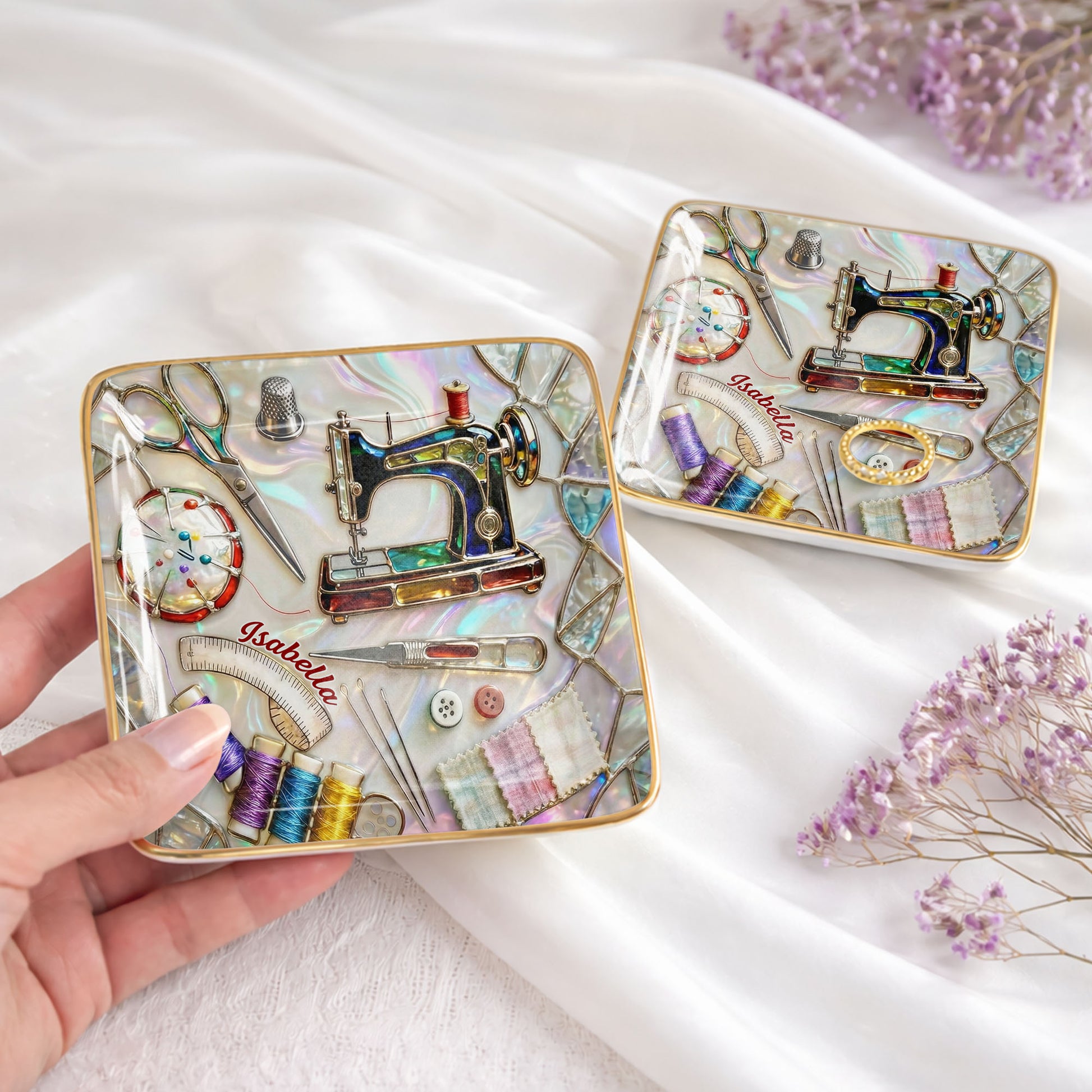 Stitched With Love Sewing Machine Scissors And Colorful Thread Spools