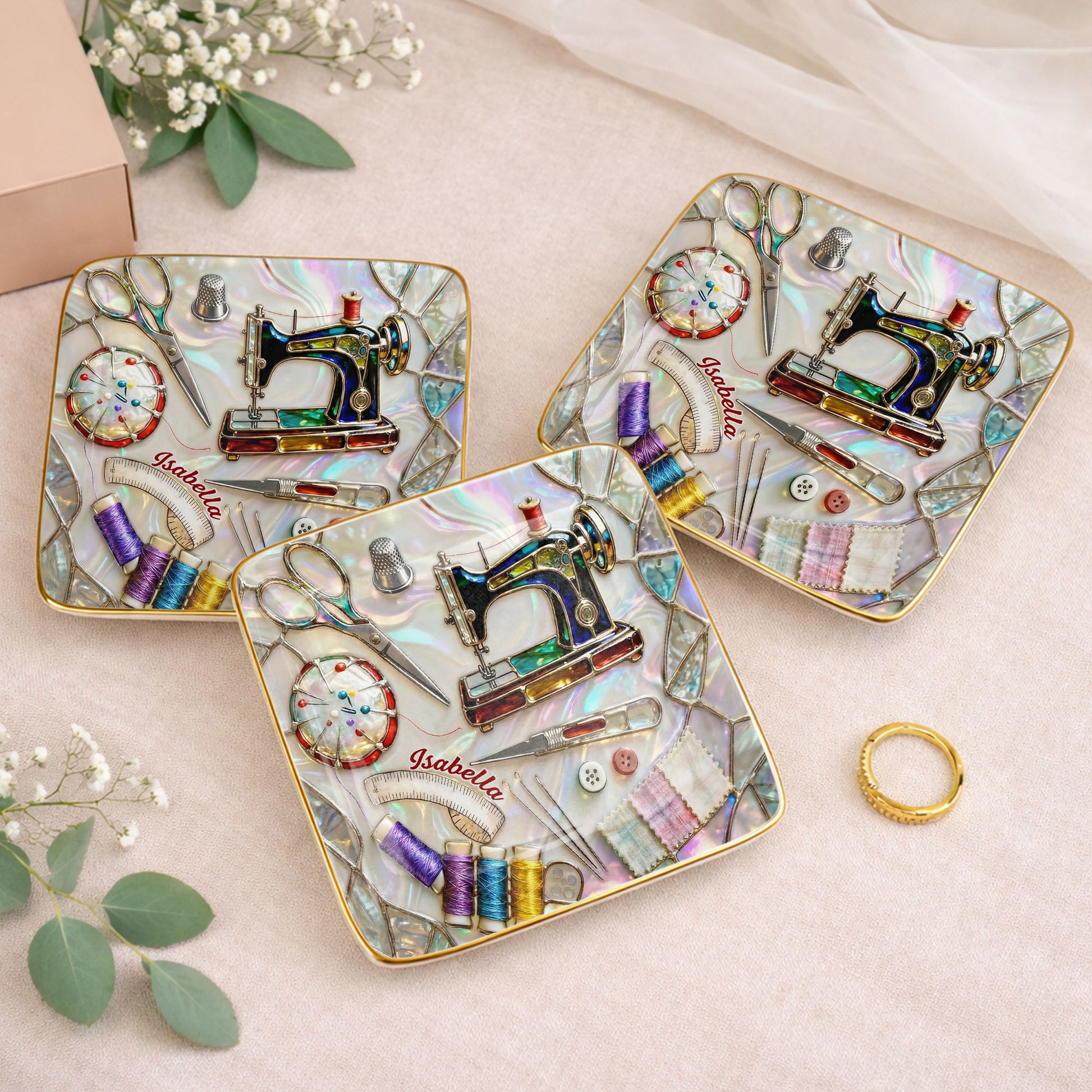 Stitched With Love Sewing Machine Scissors And Colorful Thread Spools