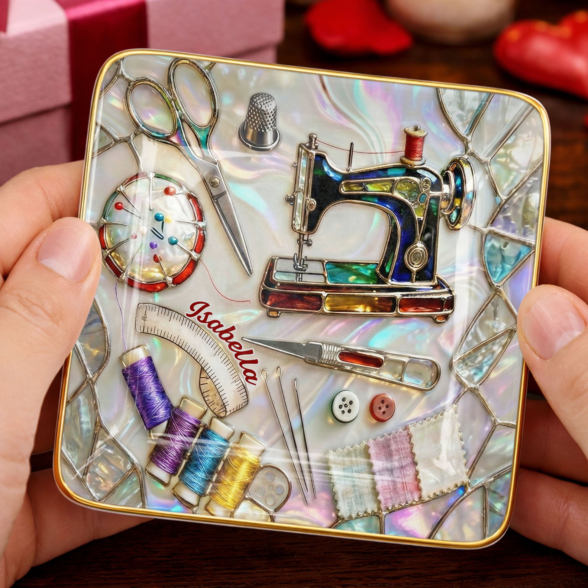 Stitched With Love Sewing Machine Scissors And Colorful Thread Spools