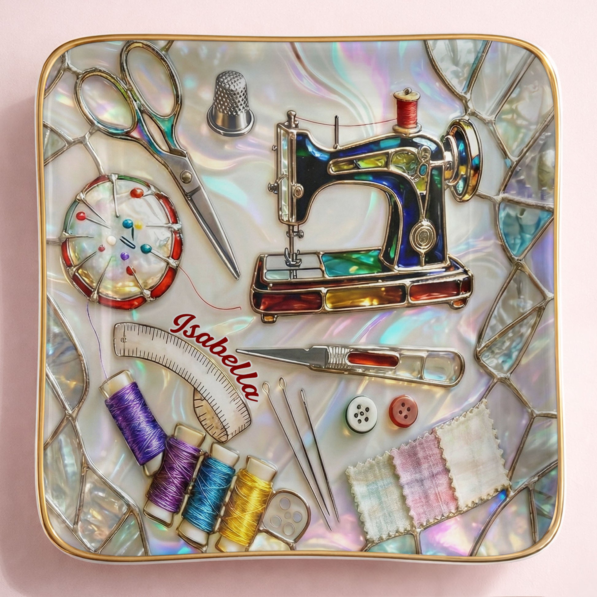 Stitched With Love Sewing Machine Scissors And Colorful Thread Spools