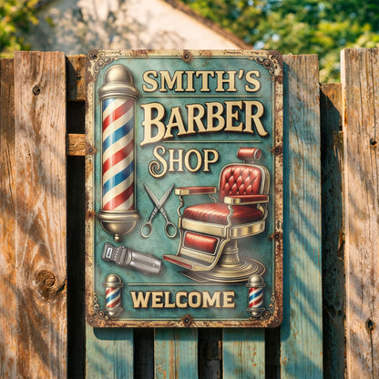 Welcome To Our Barber Shop, Barber Pole And Chair - Personalized Metal Sign - JBS045_MSIGN