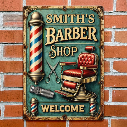 Welcome To Our Barber Shop, Barber Pole And Chair - Personalized Metal Sign - JBS045_MSIGN