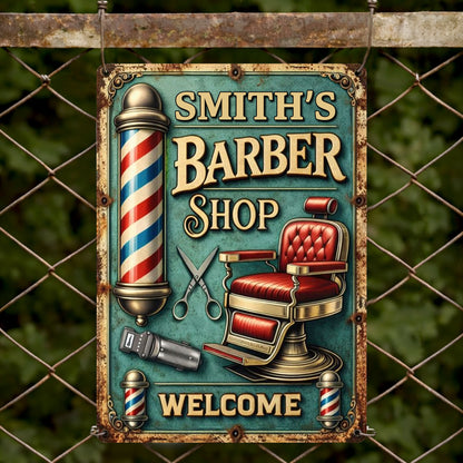 Welcome To Our Barber Shop, Barber Pole And Chair - Personalized Metal Sign - JBS045_MSIGN
