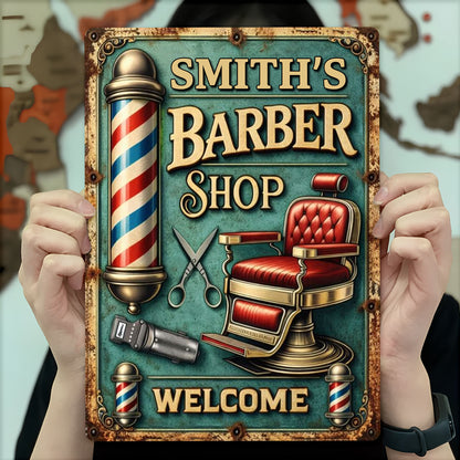 Welcome To Our Barber Shop, Barber Pole And Chair - Personalized Metal Sign - JBS045_MSIGN