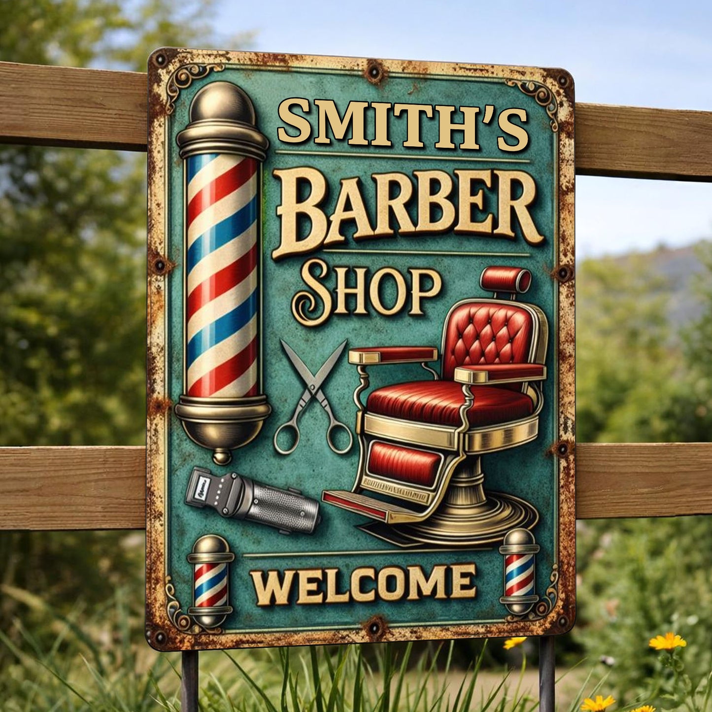 Welcome To Our Barber Shop, Barber Pole And Chair - Personalized Metal Sign - JBS045_MSIGN