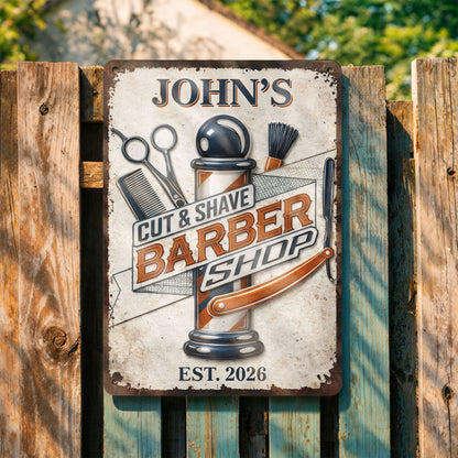 Cut & Shaved Barber Shop With Barber Pole And Scissors - Personalized Metal Sign - JBS046_MSIGN