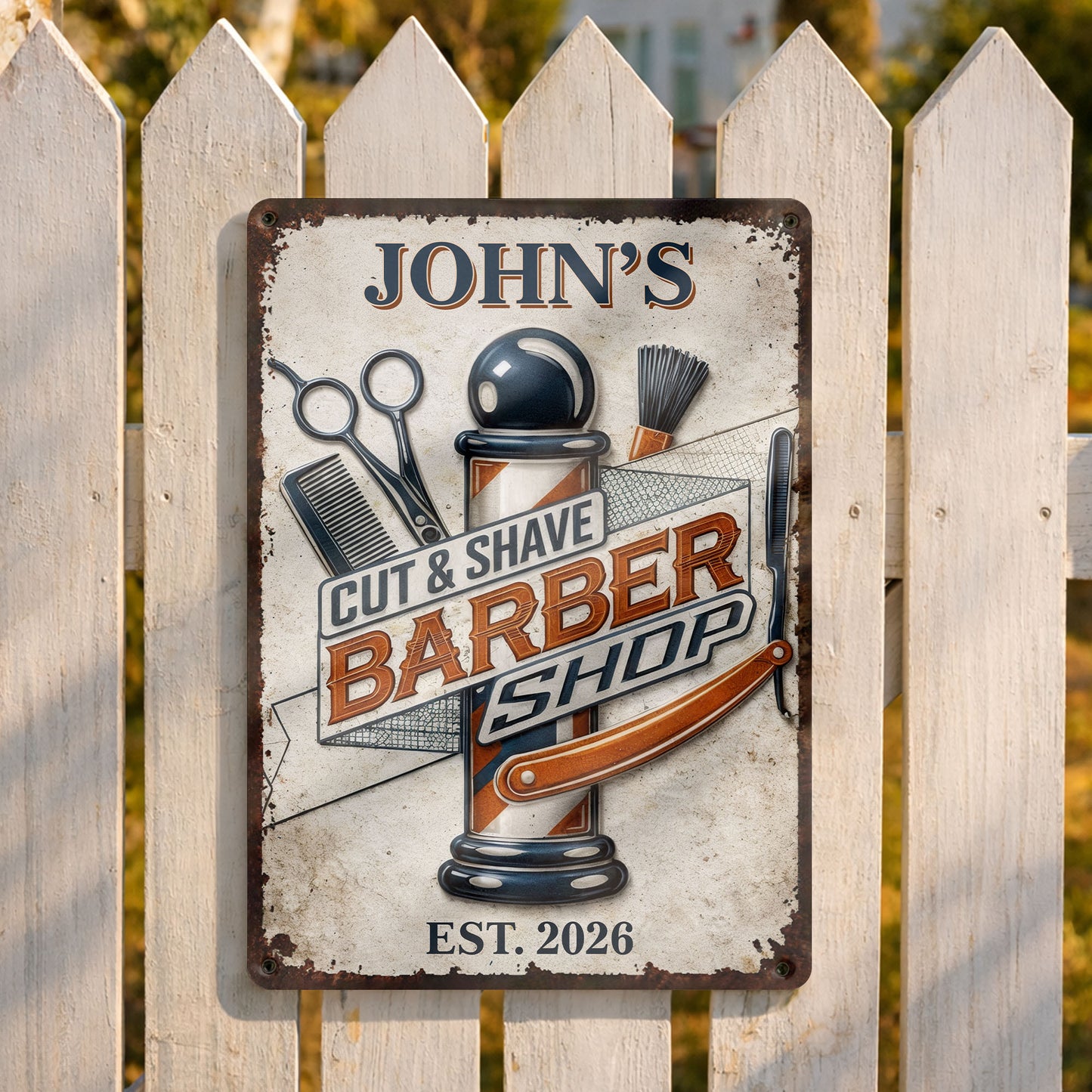 Cut & Shaved Barber Shop With Barber Pole And Scissors - Personalized Metal Sign - JBS046_MSIGN