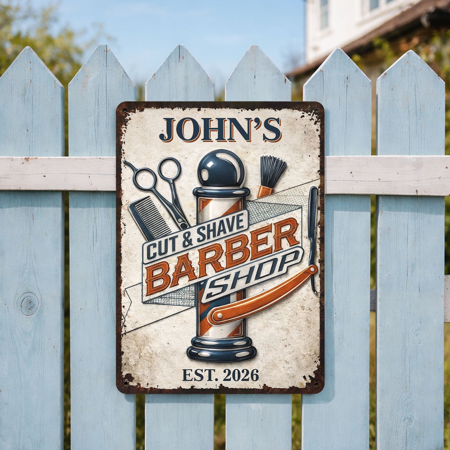 Cut & Shaved Barber Shop With Barber Pole And Scissors - Personalized Metal Sign - JBS046_MSIGN
