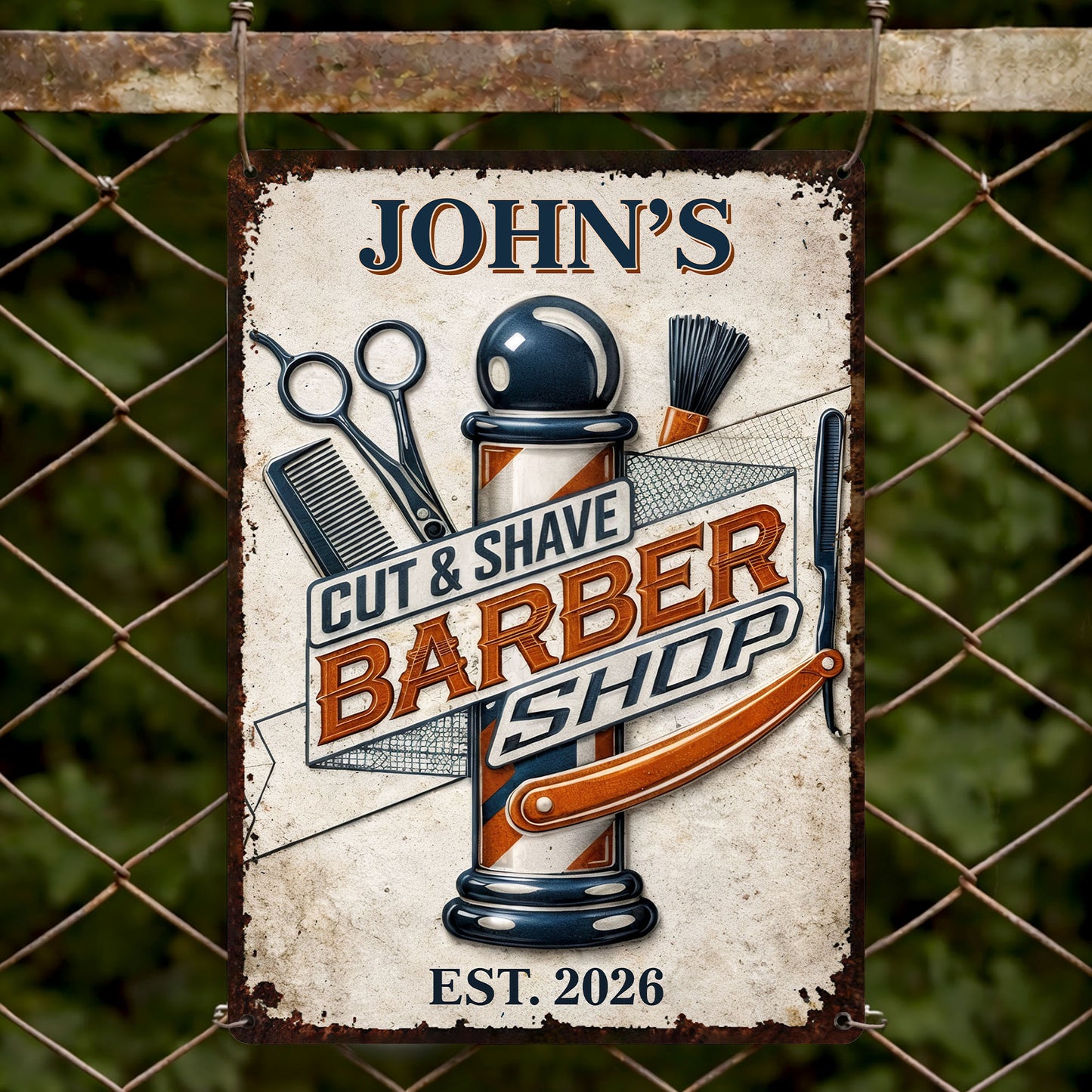 Cut & Shaved Barber Shop With Barber Pole And Scissors - Personalized Metal Sign - JBS046_MSIGN