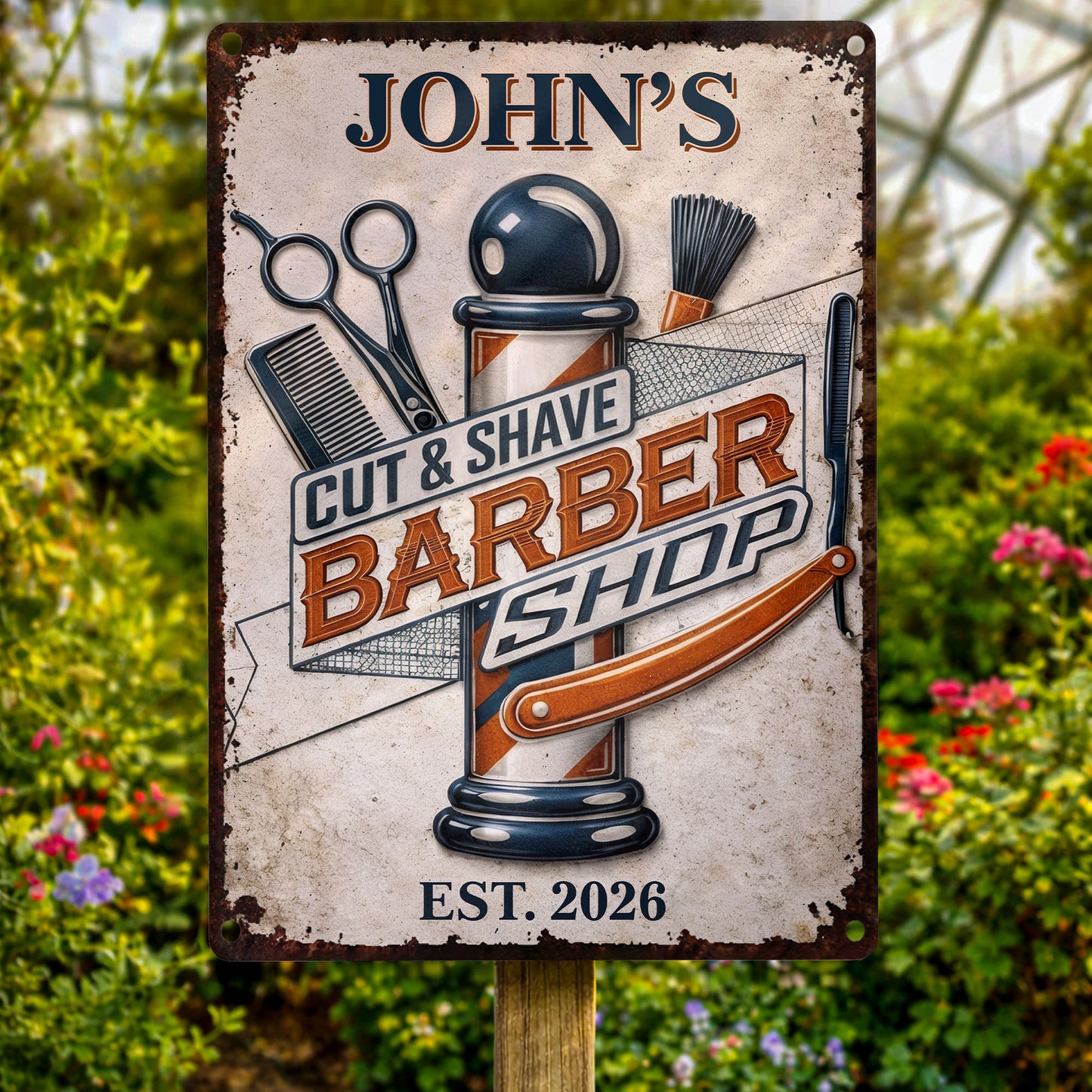 Cut & Shaved Barber Shop With Barber Pole And Scissors - Personalized Metal Sign - JBS046_MSIGN