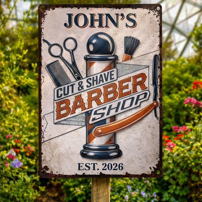 Cut & Shaved Barber Shop With Barber Pole And Scissors - Personalized Metal Sign - JBS046_MSIGN