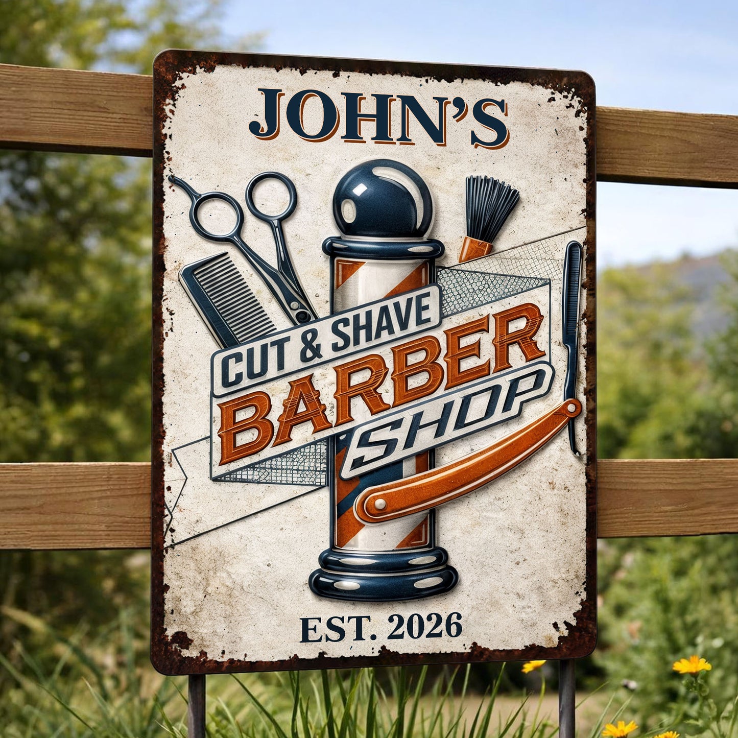 Cut & Shaved Barber Shop With Barber Pole And Scissors - Personalized Metal Sign - JBS046_MSIGN