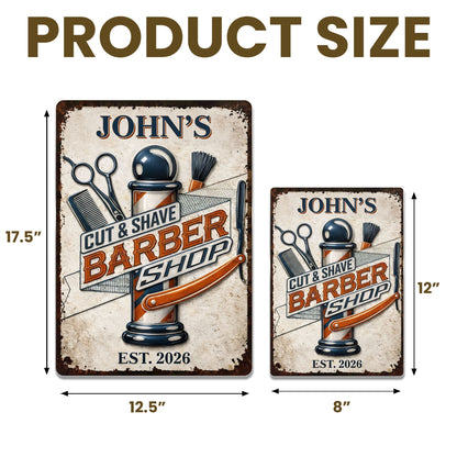 Cut & Shaved Barber Shop With Barber Pole And Scissors - Personalized Metal Sign - JBS046_MSIGN